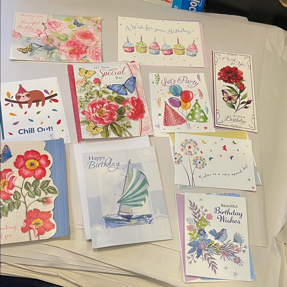 Set of 10 Assorted Birthday Greeting Cards – Floral, Cute & Scenic Designs – New